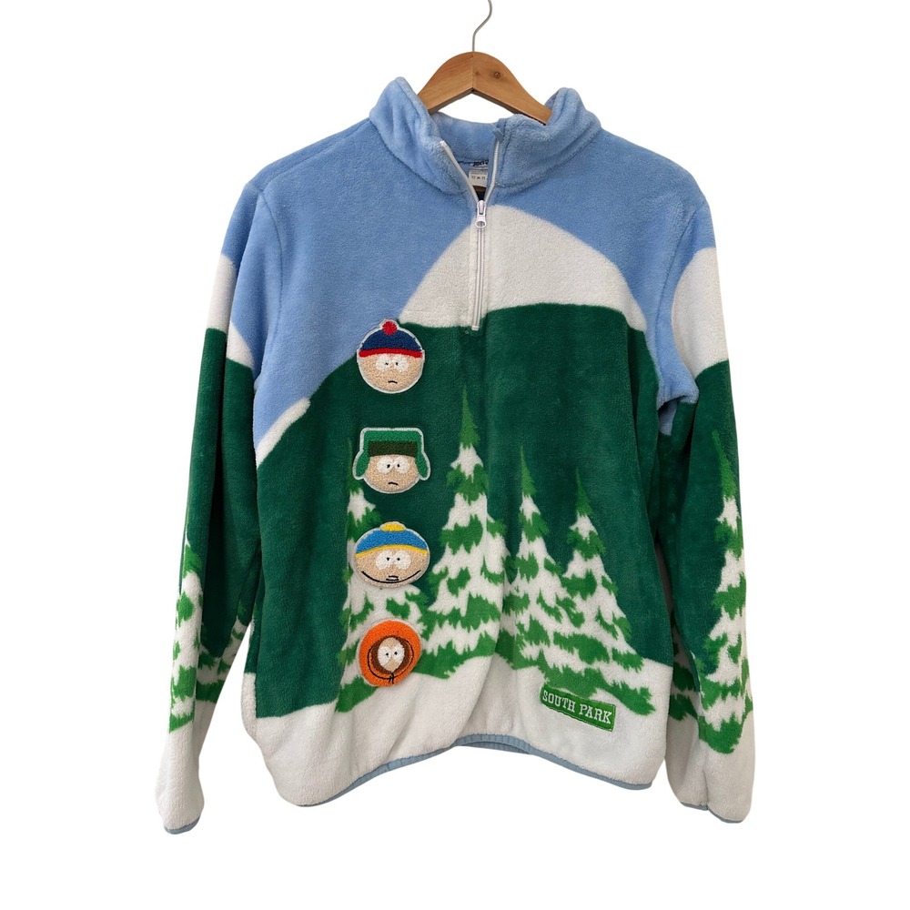 South Park Men M Quarter Zip Fleece Pullover Mountain Scene Character Patches